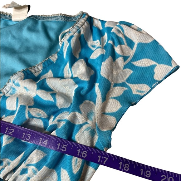 Vintage Y2K Wrapper Tropical Hawaiian Blouse Teal Blue White Floral Wrap Top - Picture 5 of 9